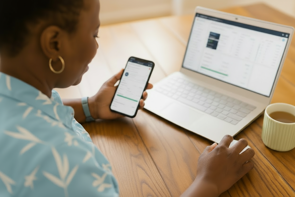 Woman sitting at a desk with an open laptop, viewing something on her smartphone