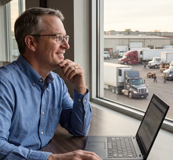 Man at a desk with a laptop, looking out the window