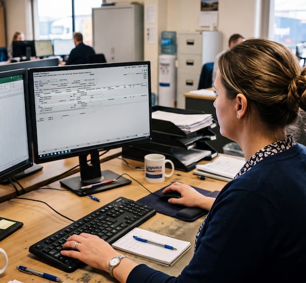 Woman at a desk operating a computer with dual monitors