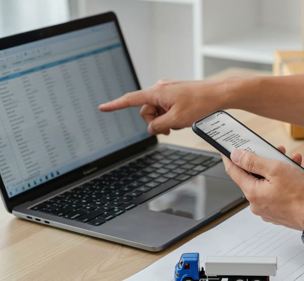 Pair of hands in front of a laptop, one hand pointing at something on the spreadsheet on the screen