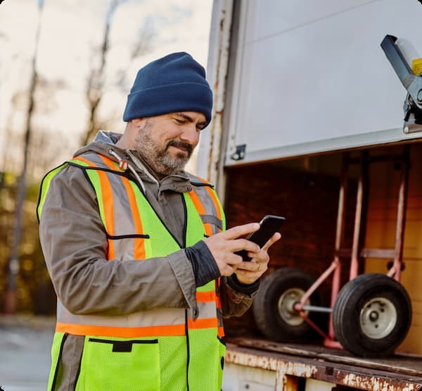 Man wearing high visibility vest using a phone