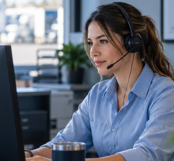 Woman in front of a computer wearing a headset