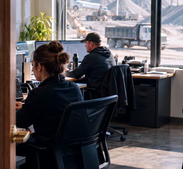 Indoor office space, two people working at computer desks