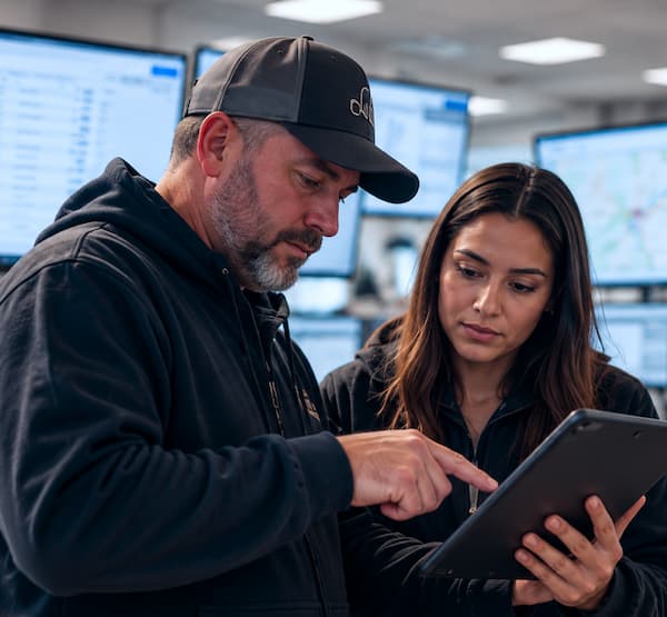 A man and woman reviewing something on a tablet