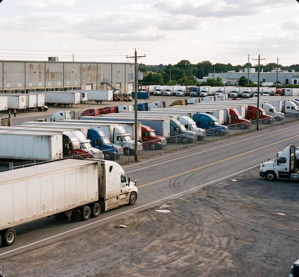 Truck driving on a road near other parked trucks