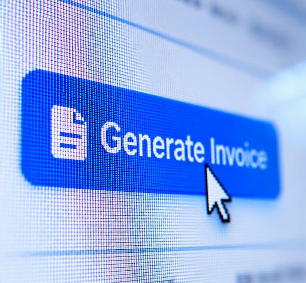 Photo of device screen zoomed in on a blue button with "Generate Invoice" text on top, and a cursor over the button