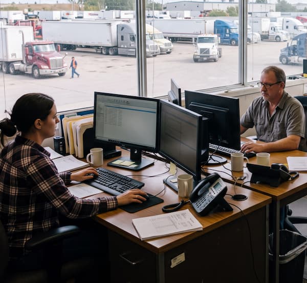 Indoor office space, two people working at computer desks